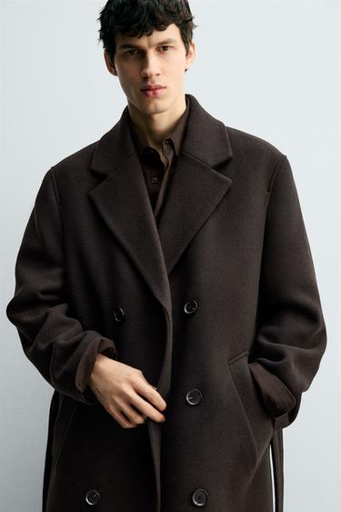 DOUBLE-BREASTED WOOL BLEND COAT WITH BELT - Brown by Zara