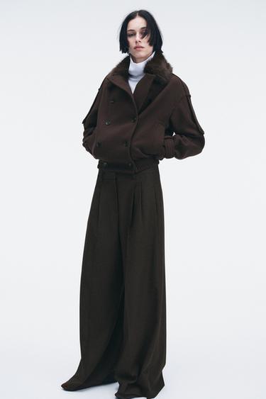 ZW COLLECTION WIDE-LEG PLEATED TROUSERS - Brown-Blue by Zara