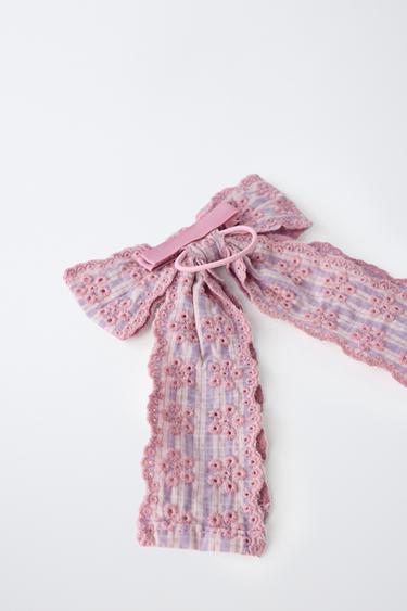 SWISS EMBROIDERY BOW SCRUNCHIE AND HAIR CLIP - Mauve by Zara