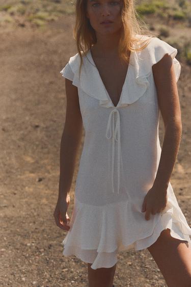 SHORT RUFFLED DRESS WITH TIE - Ecru by Zara - Image 0