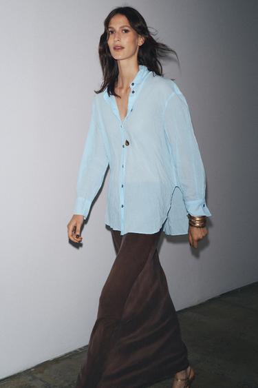 ZW COLLECTION CREASED BUTTON SHIRT - Light blue by Zara