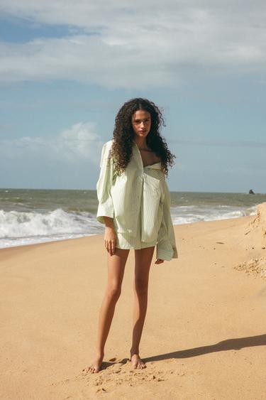 POPLIN STRIPED SHORTS - Light lime green by Zara - Image 0