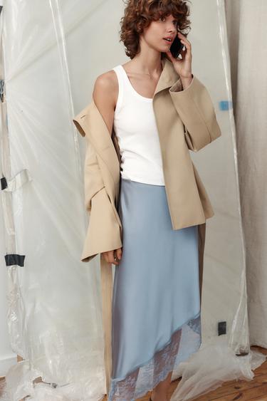 SATIN MIDI SKIRT WITH ASYMMETRIC LACE HEM - Blue / Grey by Zara