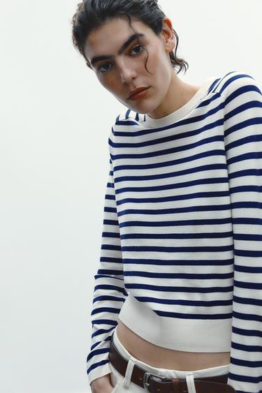 STRIPED KNIT SWEATER - Ecru / Blue by Zara