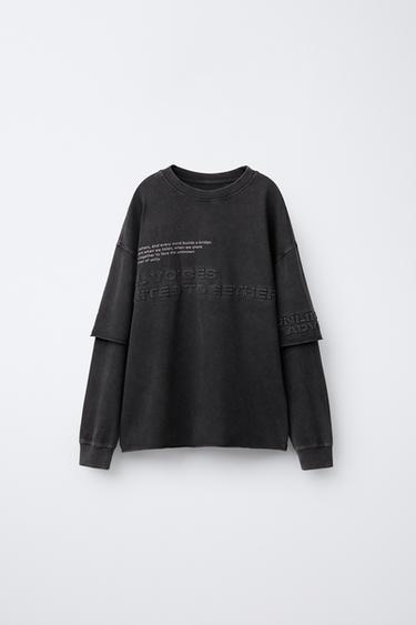 FADED-EFFECT T-SHIRT WITH DOUBLE SLEEVES AND RAISED SLOGAN - Anthracite grey by Zara