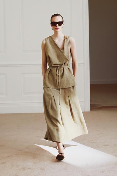 ZW COLLECTION WIDE-LEG LINEN BLEND TROUSERS - Khaki by Zara