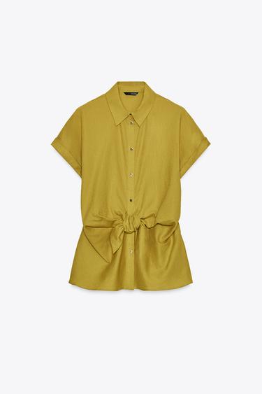 LINEN BLEND KNOT SHIRT - Mustard by Zara