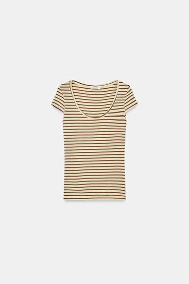 STRIPED SHORT SLEEVE T-SHIRT - Ecru / Brown by Zara