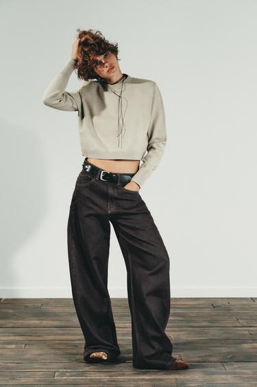 CROPPED KNIT JUMPER WITH SHOULDER PADS - Stone by Zara
