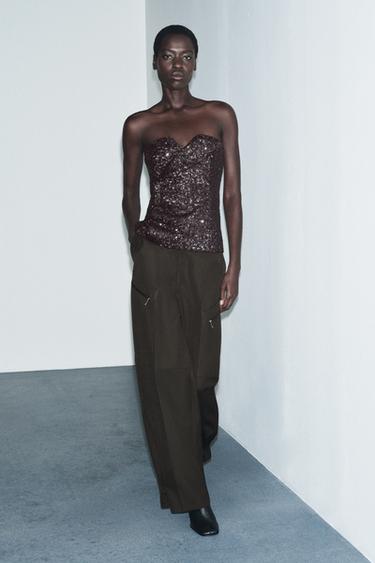 ZW COLLECTION LIMITED EDITION SEQUIN BUSTIER TOP - Brown by Zara