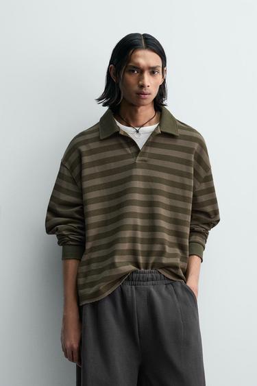 STRIPED PIQUÉ RUGBY POLO SHIRT - Dark khaki by Zara
