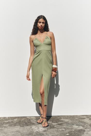 LINEN MIDI DRESS - Light khaki by Zara - Image 0