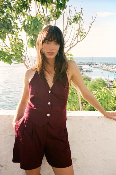 LINEN BLEND HALTER WAISTCOAT - Burgundy by Zara