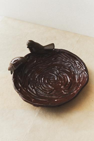 CERAMIC GARDEN FOOD BOWL WITH BIRDS - Brown by Zara