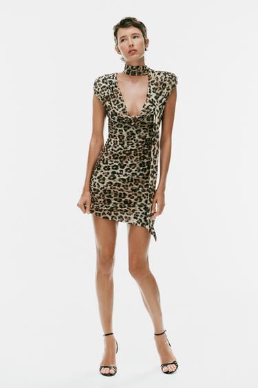 ANIMAL PRINT SCARF-DETAIL DRAPED MINI DRESS - Leopard by Zara