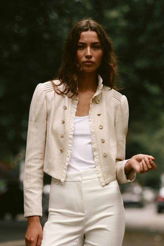 CROPPED RUFFLE BLAZER - Light beige by Zara - Image 0