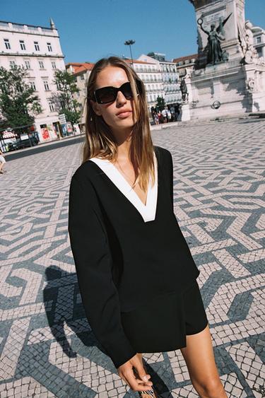 CONTRAST CREPE TOP - Black by Zara