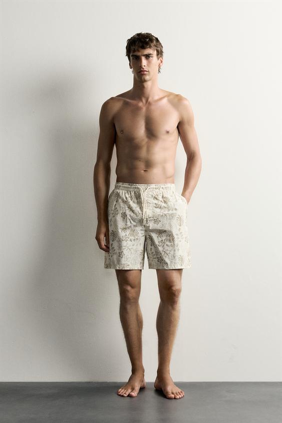 FLORAL PRINT LONG SWIMMING TRUNKS - Ecru by Zara - Image 0
