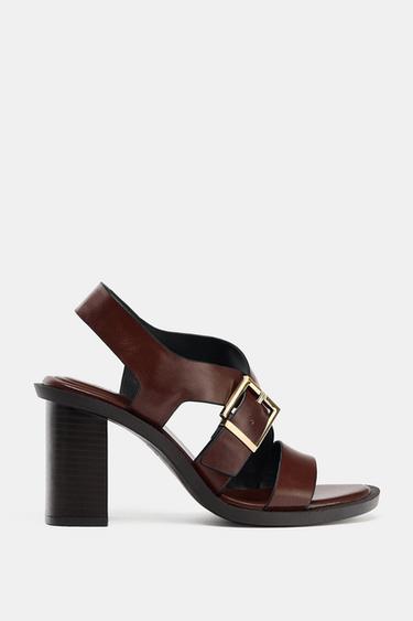 LEATHER HIGH-HEEL SANDALS WITH BUCKLE - Brown by Zara