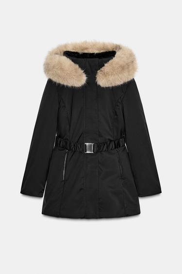 PUFFER JACKET WITH FAUX FUR HOOD, WATER AND WIND PROTECTION - Black by Zara