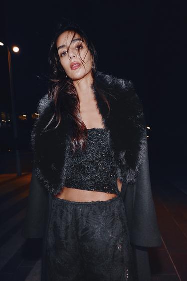 SEQUIN VELVET TOP - Black by Zara