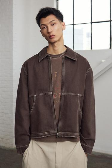 CONTRAST TOPSTITCHING BOXY JACKET - Brown by Zara