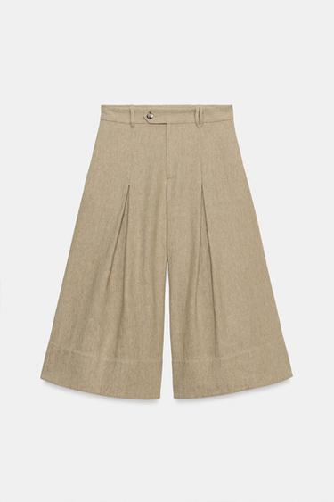 ZW COLLECTION WIDE-LEG LINEN BLEND TROUSERS - Khaki by Zara - Image 0