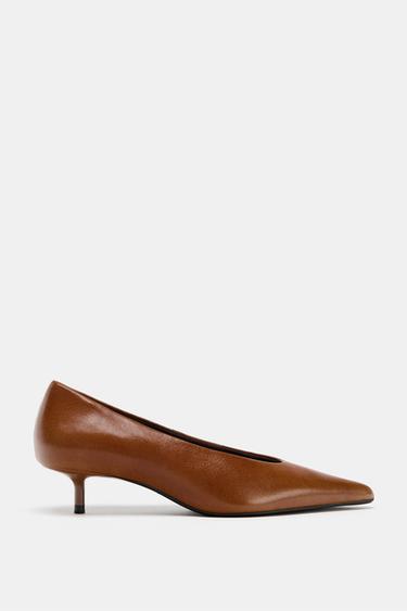 LEATHER KITTEN HEEL SHOES - Brown by Zara