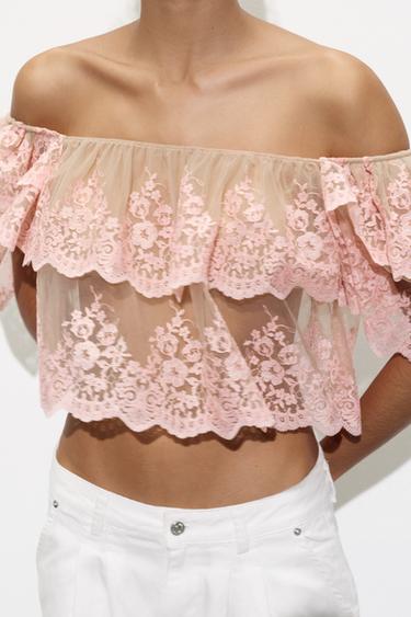 EMBROIDERED RUFFLED TOP - Pinks by Zara