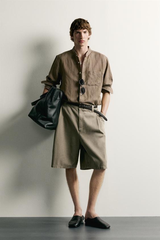 WIDE-LEG PLEATED BERMUDA SHORTS - Light khaki by Zara - Image 0