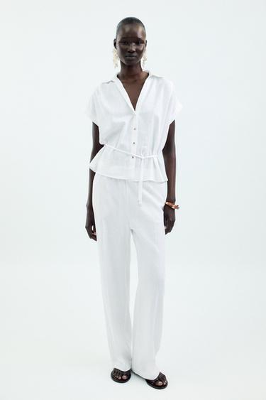 LINEN BLEND BELTED BLOUSE - White by Zara