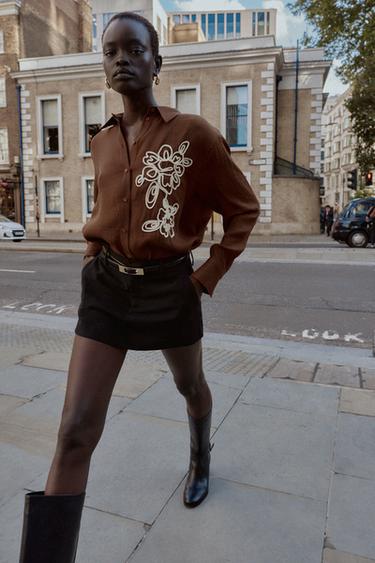 TEXTURED FLORAL SHIRT - Brown by Zara - Image 0