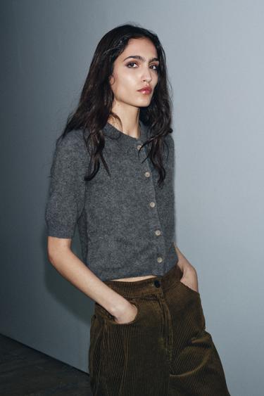 100% WOOL SHORT SLEEVE POLO CARDIGAN - Grey by Zara