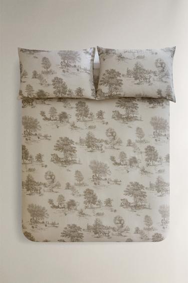 SATEEN PILLOWCASE WITH PRINT (300 THREAD COUNT) - Grey / Beige by Zara