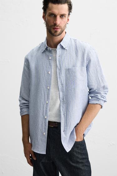 COTTON - LINEN SHIRT - Blue/White by Zara