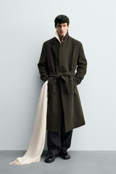 DOUBLE-BREASTED WOOL COAT WITH BELT - Dark khaki by Zara