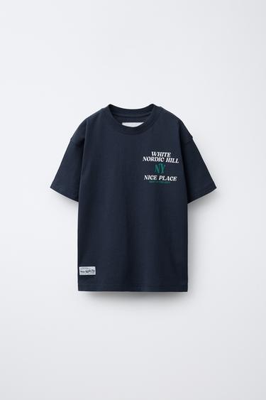 VARSITY SLOGAN T-SHIRT WITH FLOCKING - Navy blue by Zara