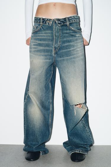 TRF MID-WAIST FOLDED WAISTBAND JEANS - Blue by Zara