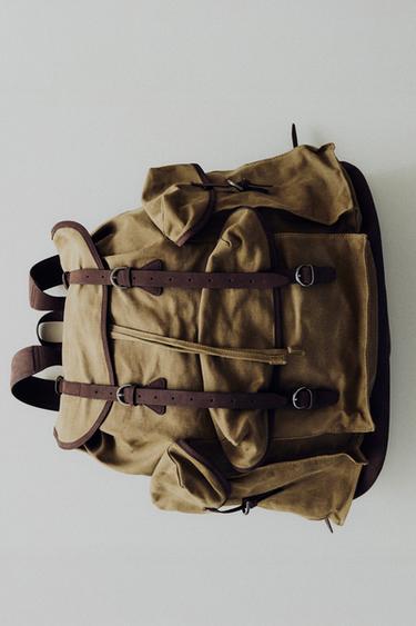 COTTON AND LEATHER BACKPACK - Brown / Green by Zara