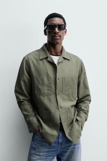RELAXED FIT LINEN BLEND OVERSHIRT - washed green by Zara