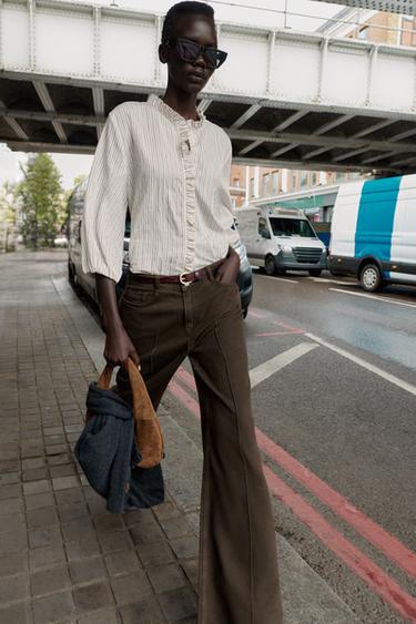 STRIPED SHIRT WITH RUFFLES - Ecru / Brown by Zara - Image 0