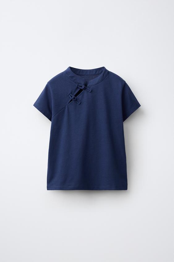 STAND COLLAR T-SHIRT WITH FROG FASTENING - Navy blue by Zara - Image 0