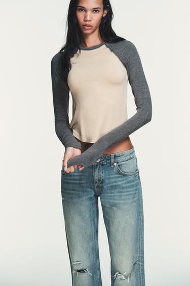 CONTRAST RAGLAN SLEEVE T-SHIRT - Grey / Natural by Zara