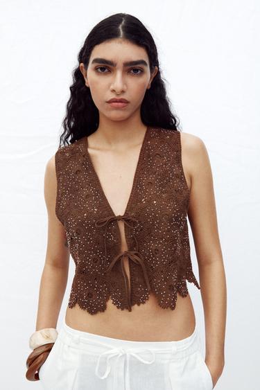 CROCHET WAISTCOAT TOP - Light brown by Zara
