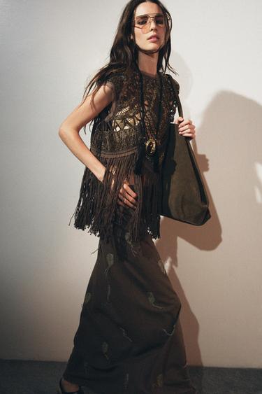 ZW COLLECTION BEADED CROCHET TOP - Brown by Zara