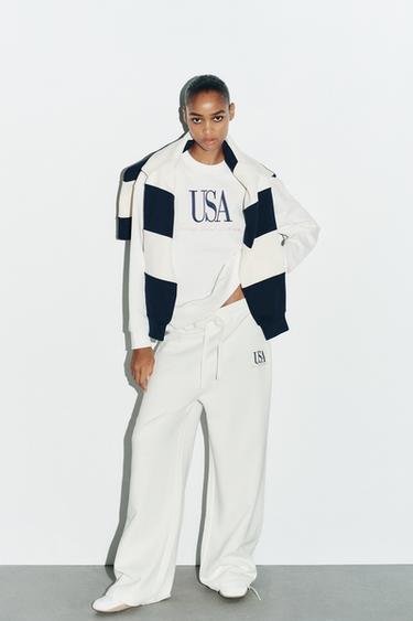 COTTON EMBROIDERED TEXT TROUSERS - Ecru by Zara - Image 0