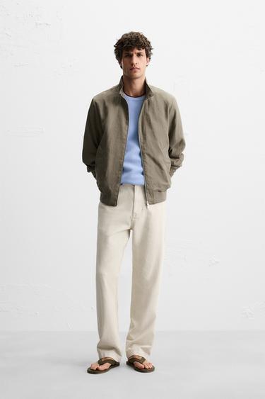 100% LINEN BOMBER JACKET - Light khaki by Zara - Image 0