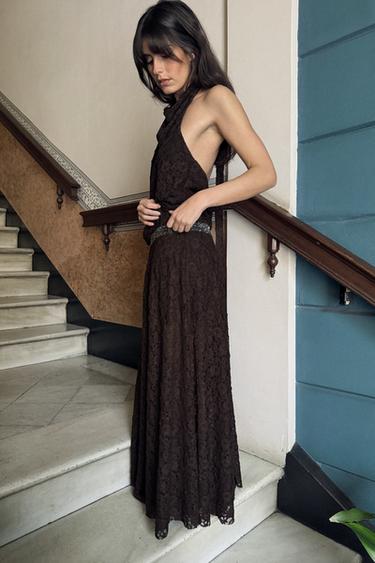 HALTERNECK LACE DRESS WITH SPARKLES - Chocolate by Zara