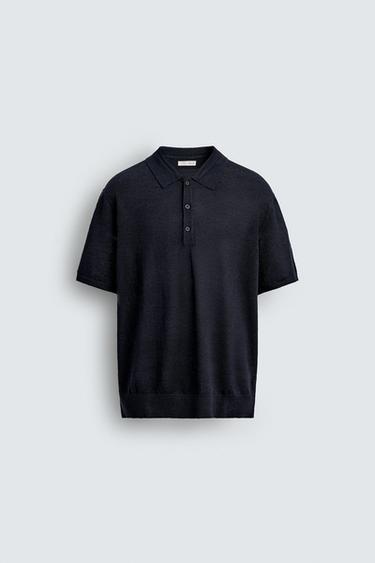 100% LINEN KNIT POLO SHIRT - Navy blue by Zara
