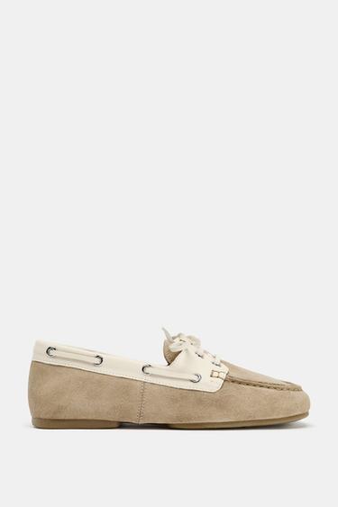 CONTRAST SUEDE LACE-UP MOCCASINS - Ecru White by Zara